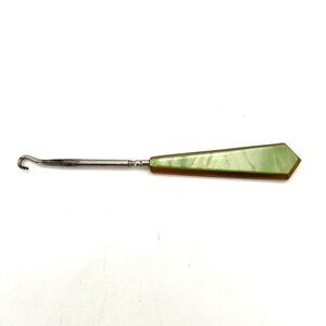 Vintage Victorian Era Bakelite Button Hook Tool Metal Shaft Pearl Green & Brown
